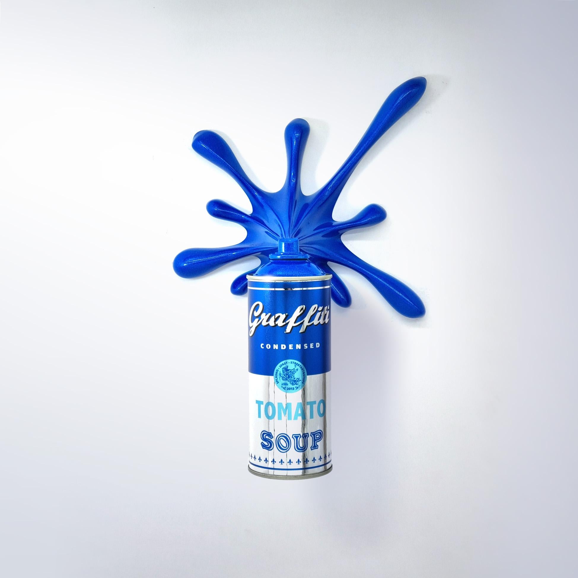 Blue Chrome Graffiti Tomato Soup Splash Can Sculpture