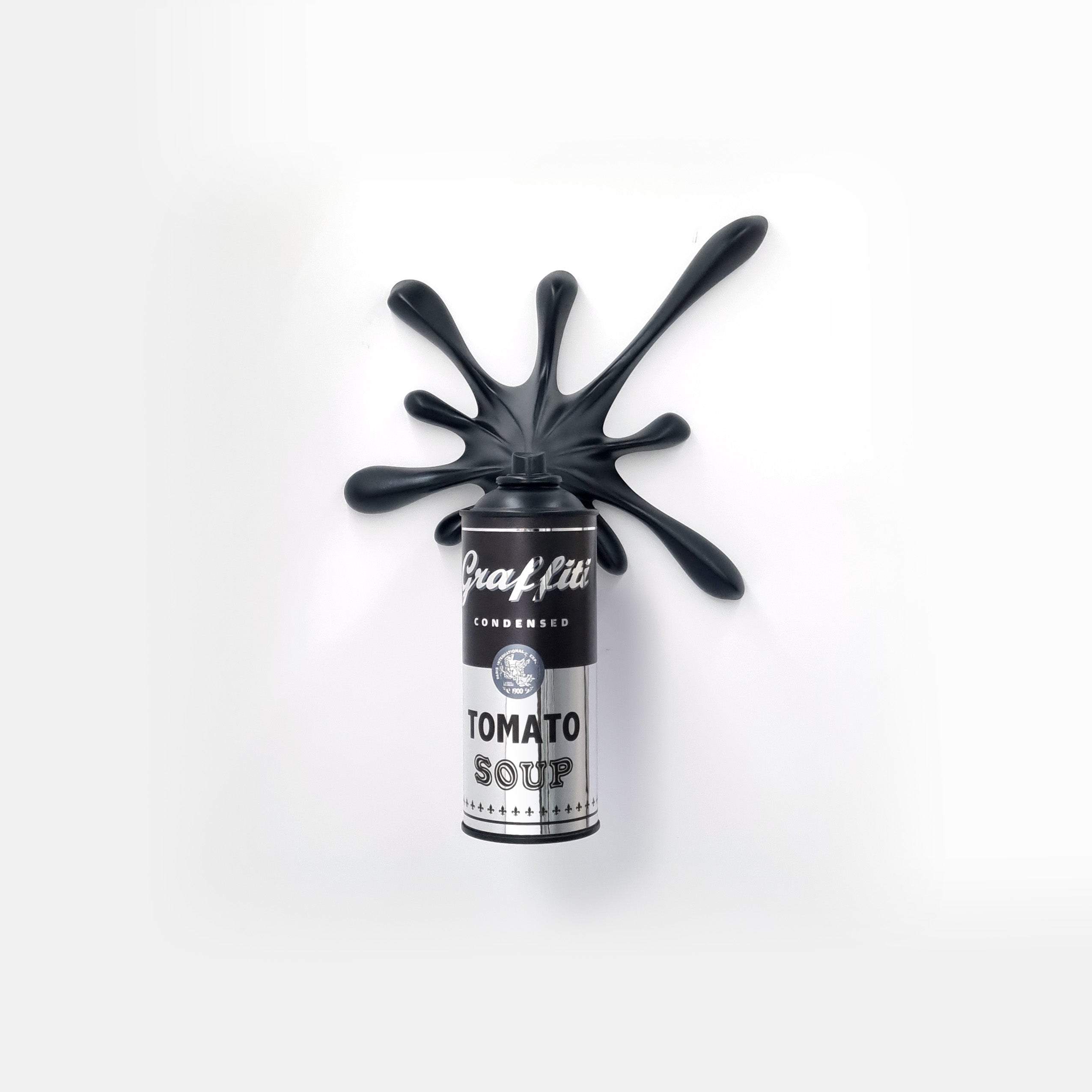 Chrome Black Graffiti Tomato Soup Splash Can Sculpture: Modern Pop Art Wall Decor