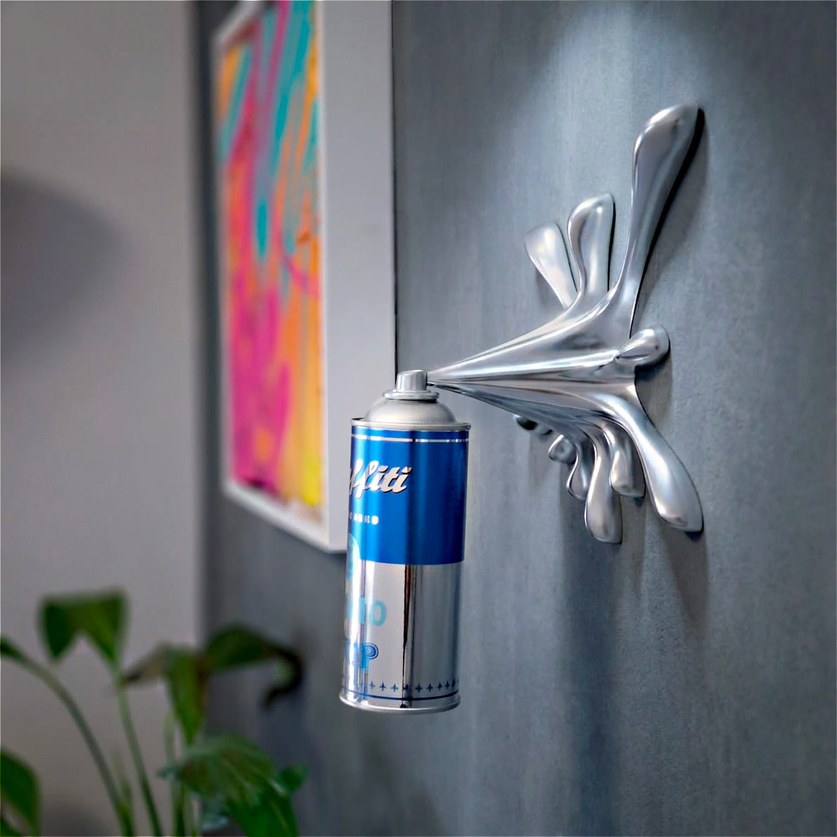 Chrome Blue  Graffiti Tomato Soup Splash Can Sculpture
