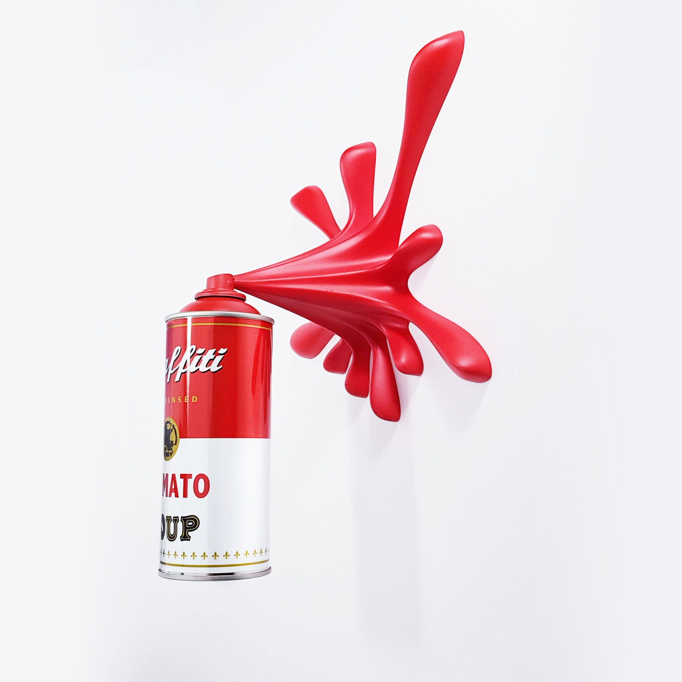 Graffiti Tomato Soup Splash Can Sculpture: Modern Pop Art Wall Decor