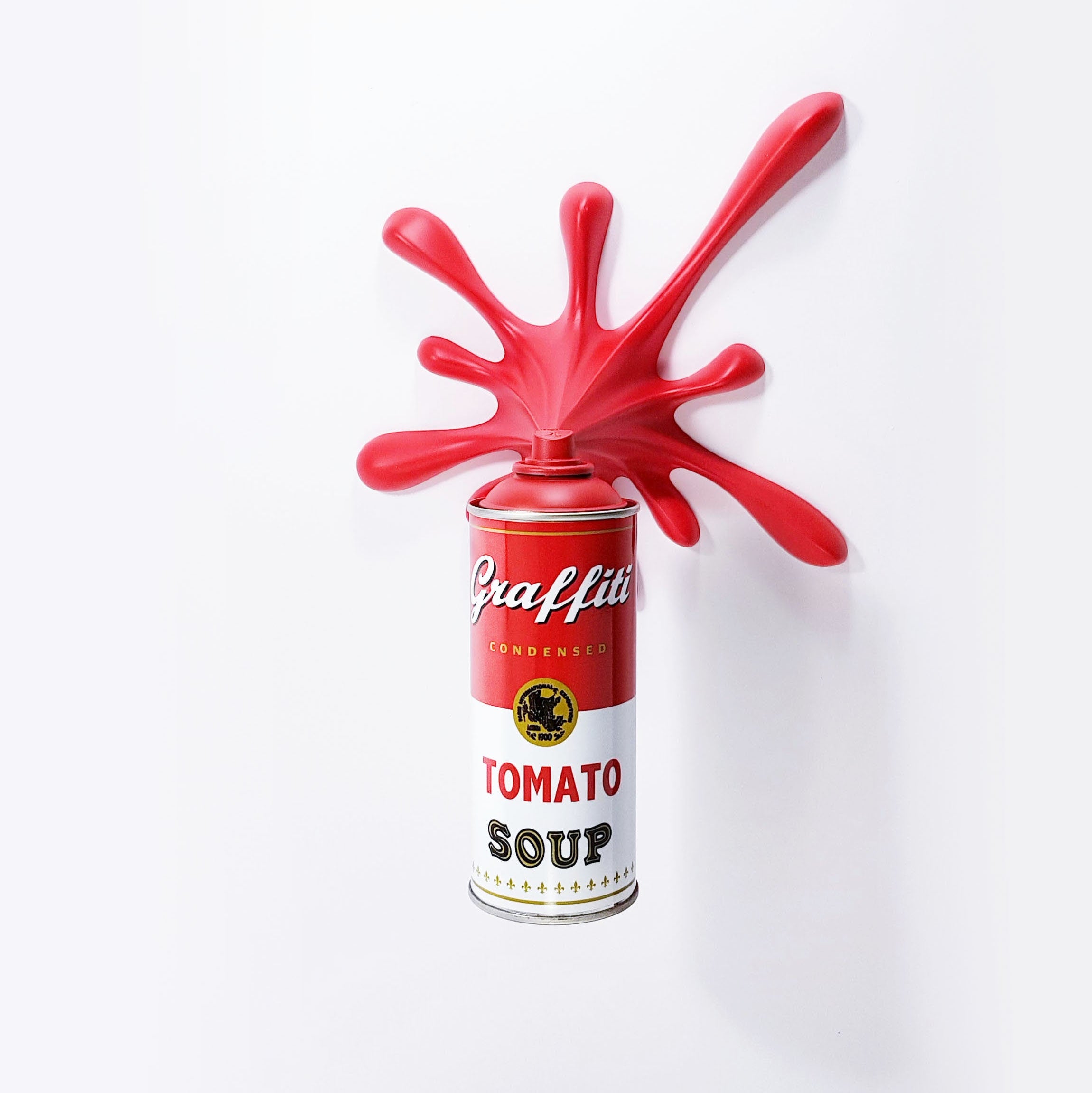 Graffiti Tomato Soup Splash Can Sculpture: Modern Pop Art Wall Decor
