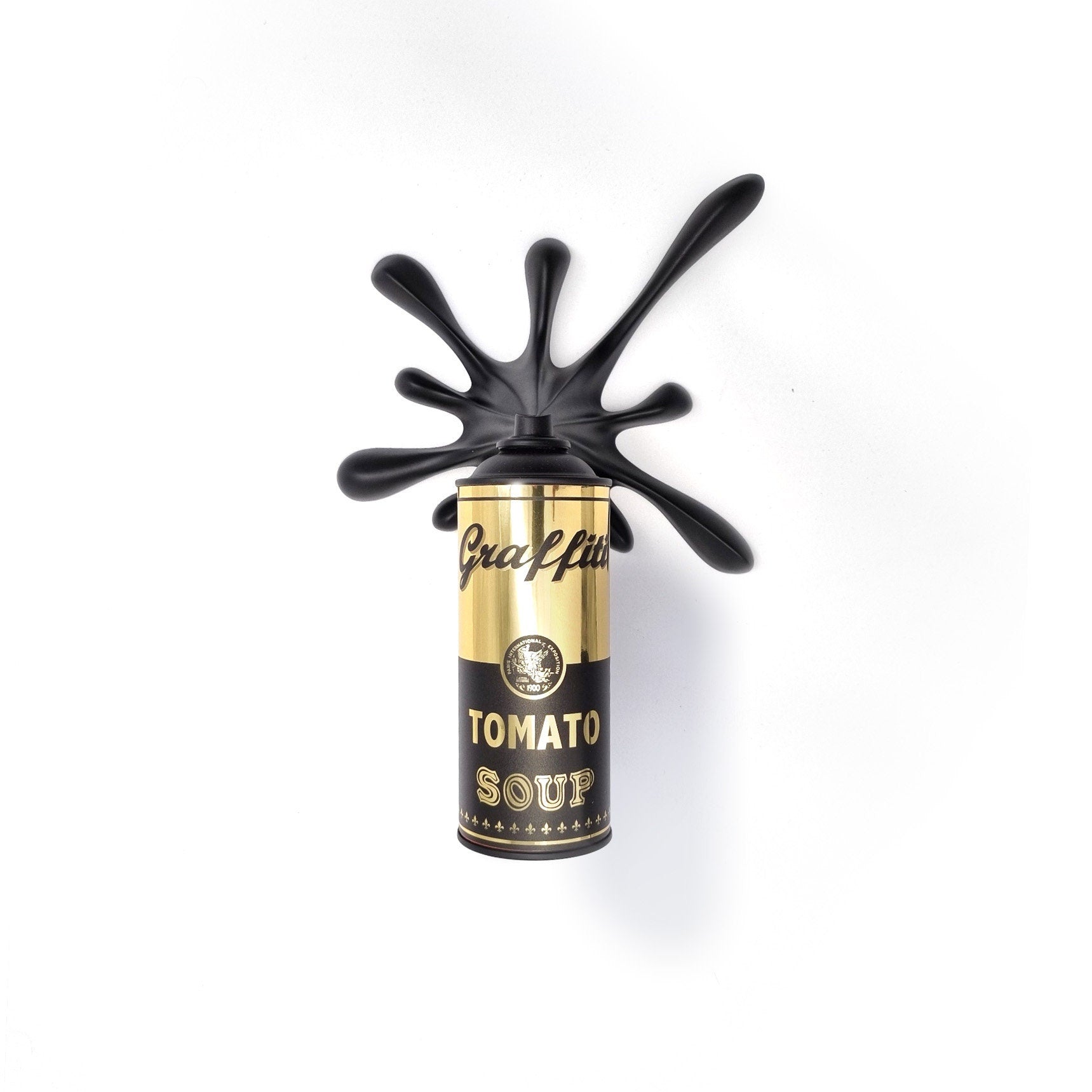 Black Gold Graffiti Tomato Soup Splash Spray Can Sculpture