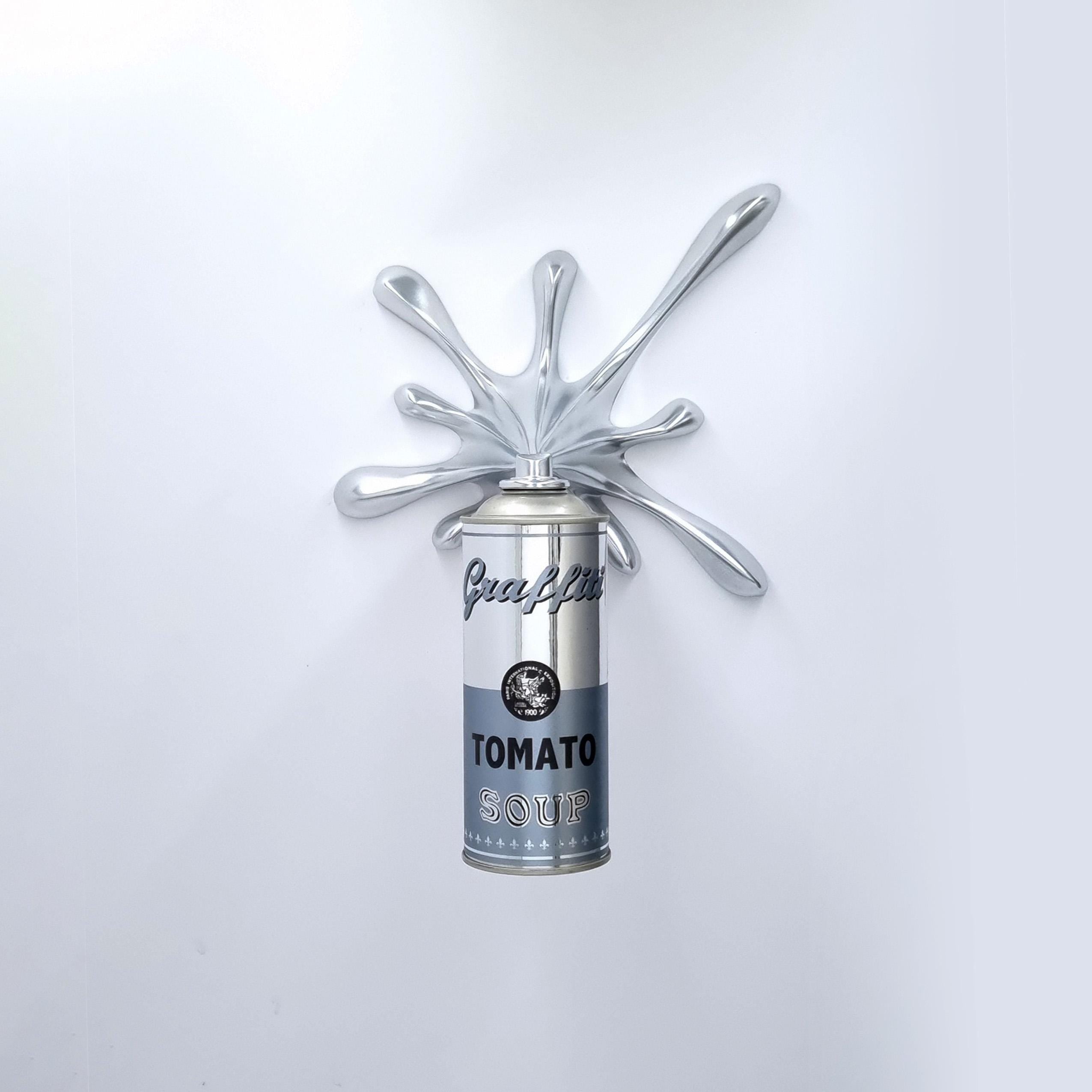 Chrome Graffiti Tomato Soup Splash Can Sculpture: Modern Pop Art Wall Decor