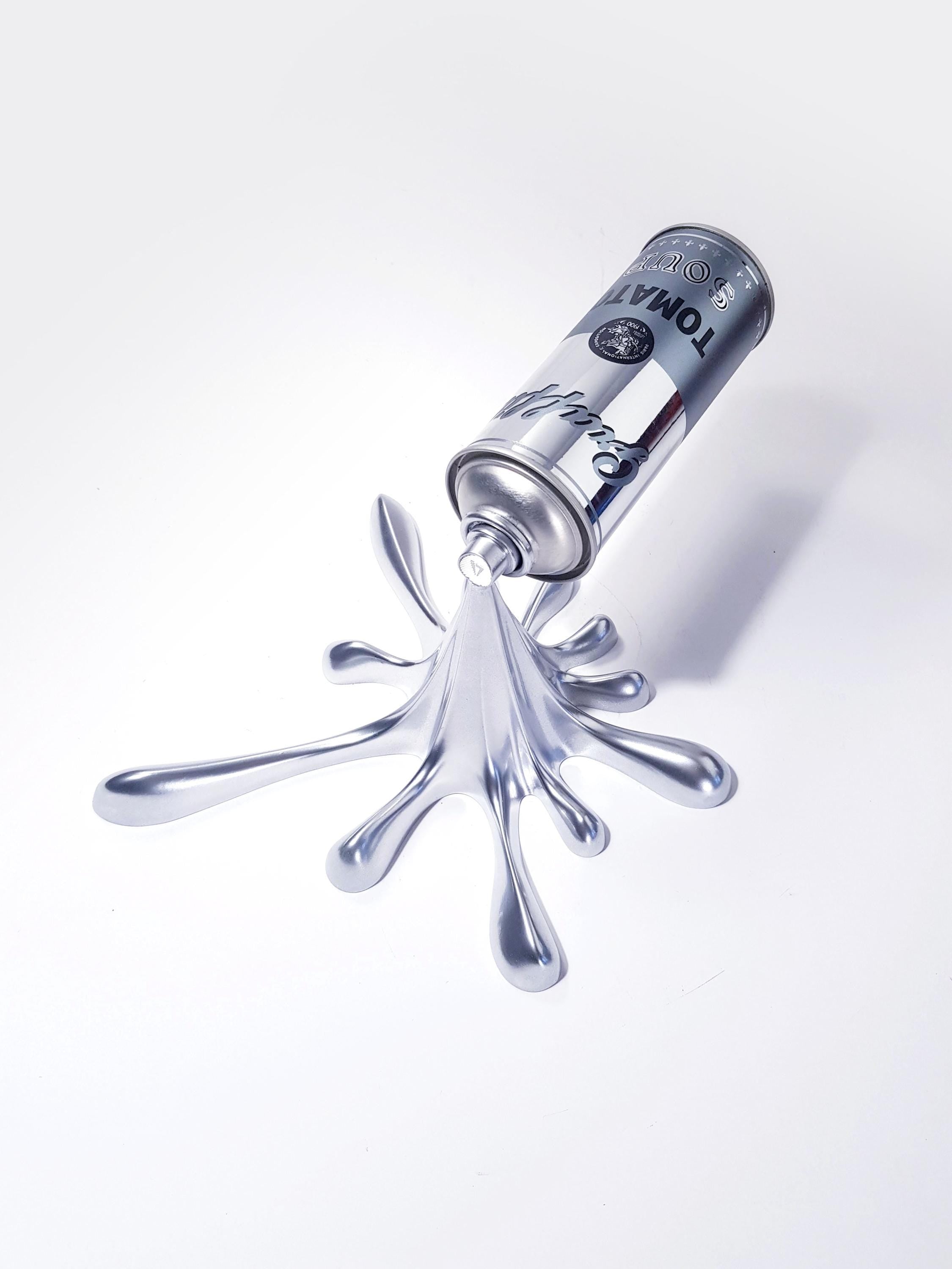 Chrome Graffiti Tomato Soup Splash Can Sculpture: Modern Pop Art Wall Decor