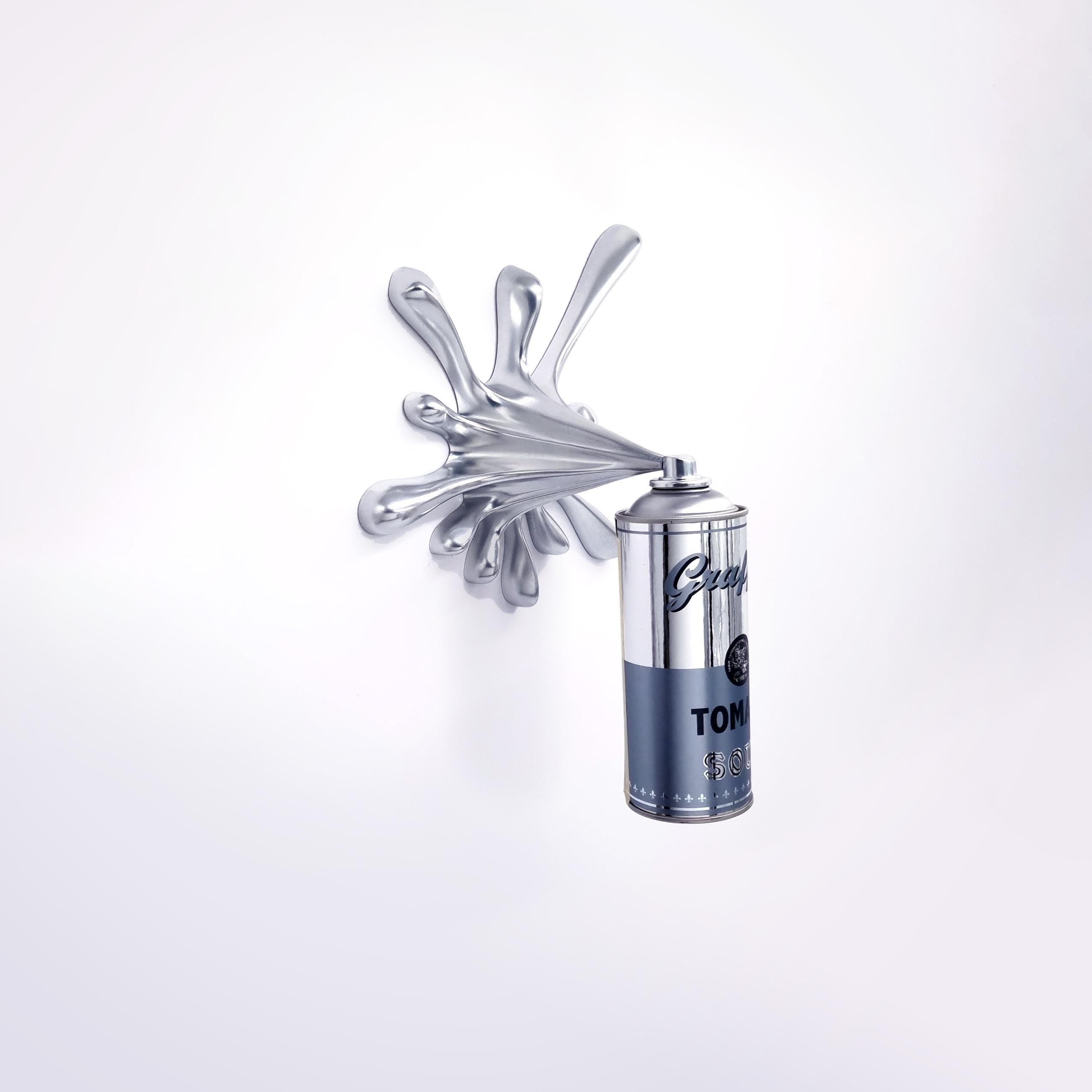 Chrome Graffiti Tomato Soup Splash Can Sculpture: Modern Pop Art Wall Decor