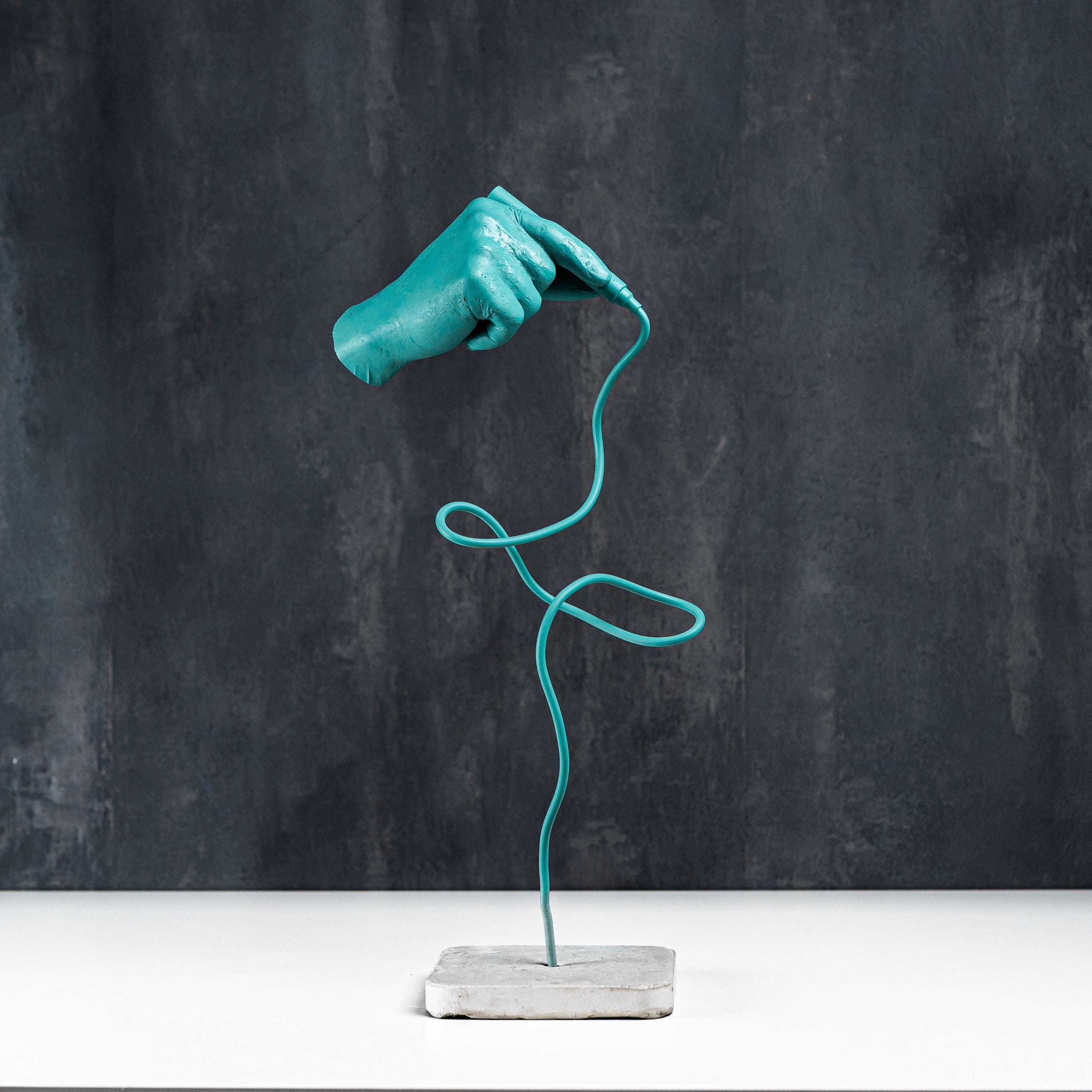 Turquoise Hand Sculpture: 3D Printed Art, Concrete Base