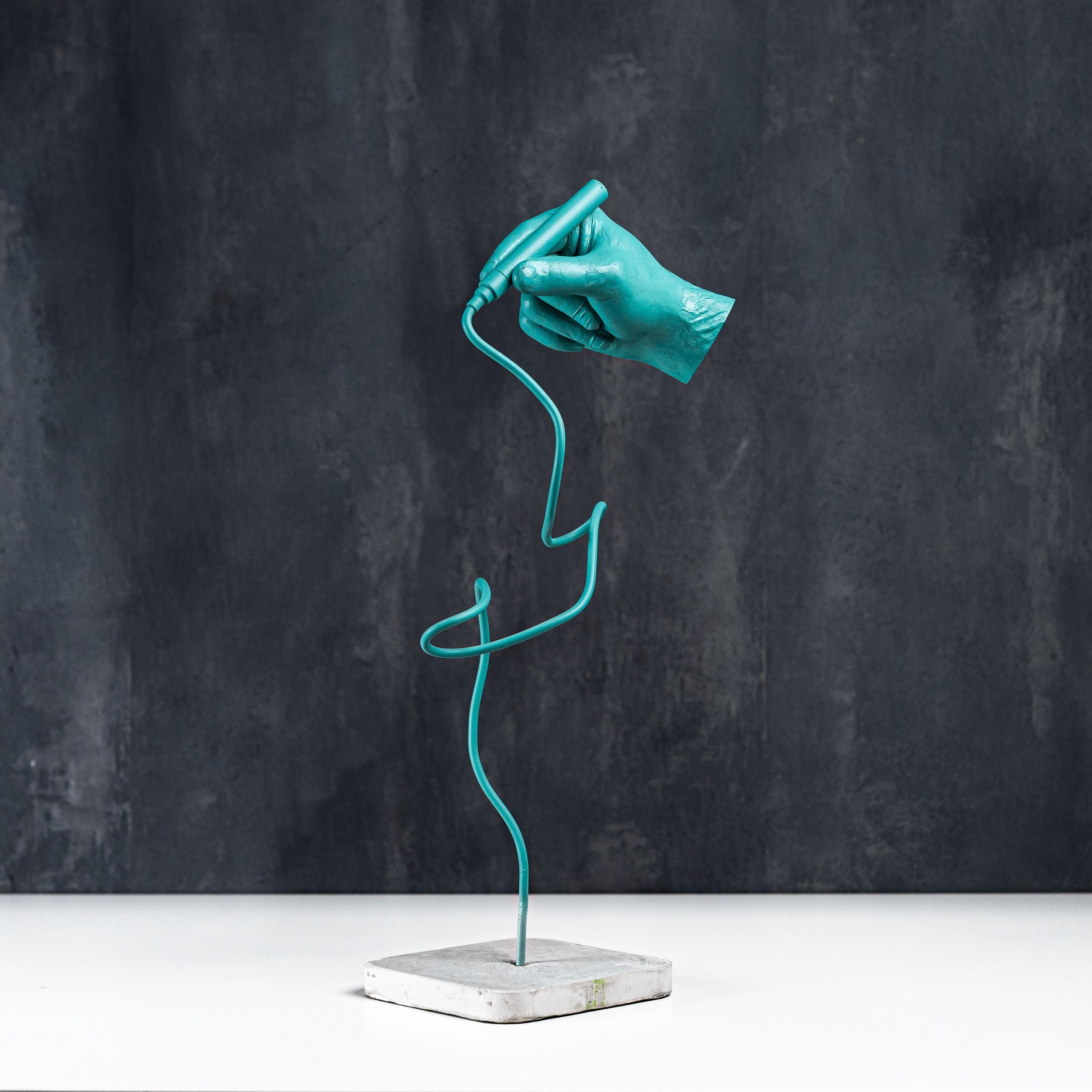 Turquoise Hand Sculpture: 3D Printed Art, Concrete Base