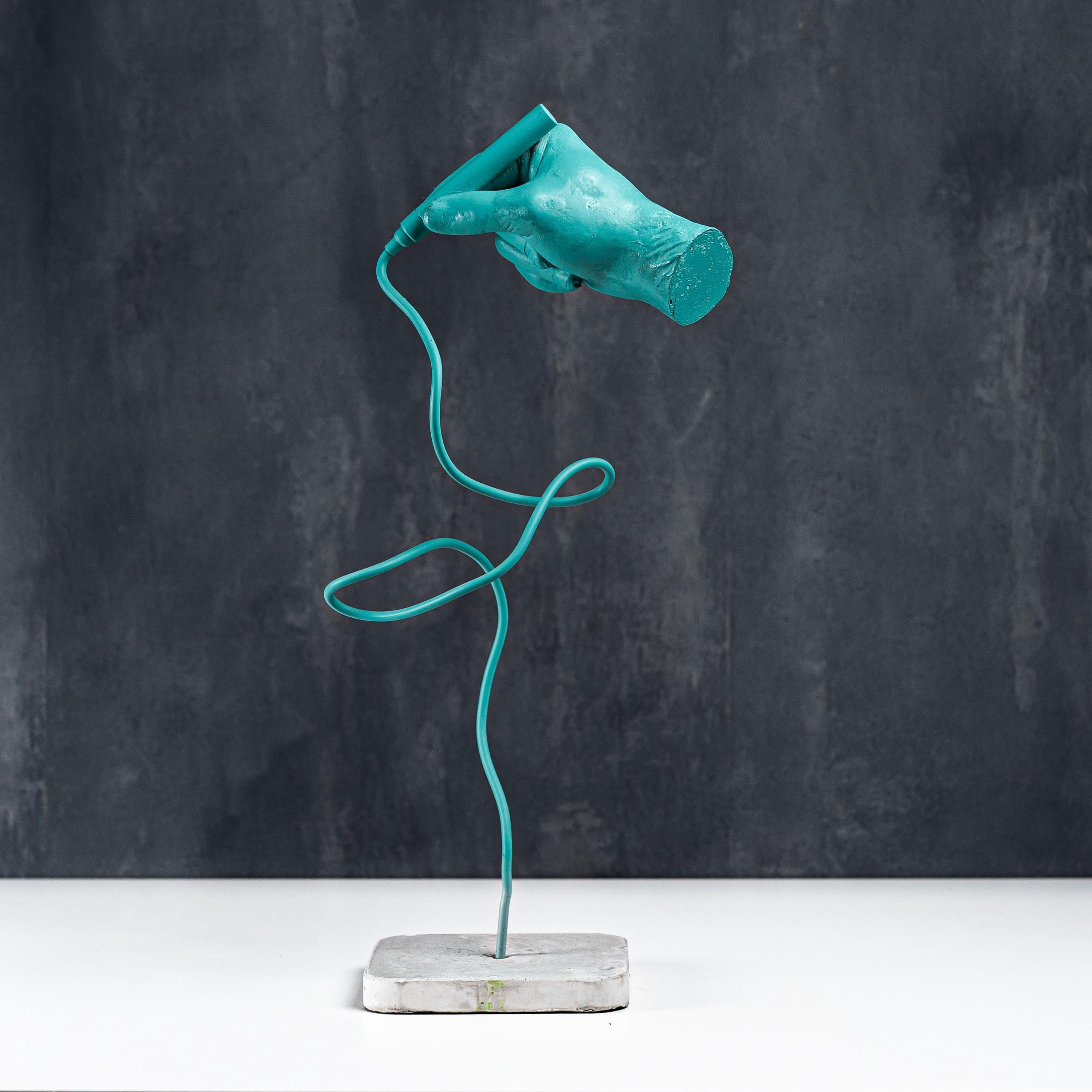 Turquoise Hand Sculpture: 3D Printed Art, Concrete Base