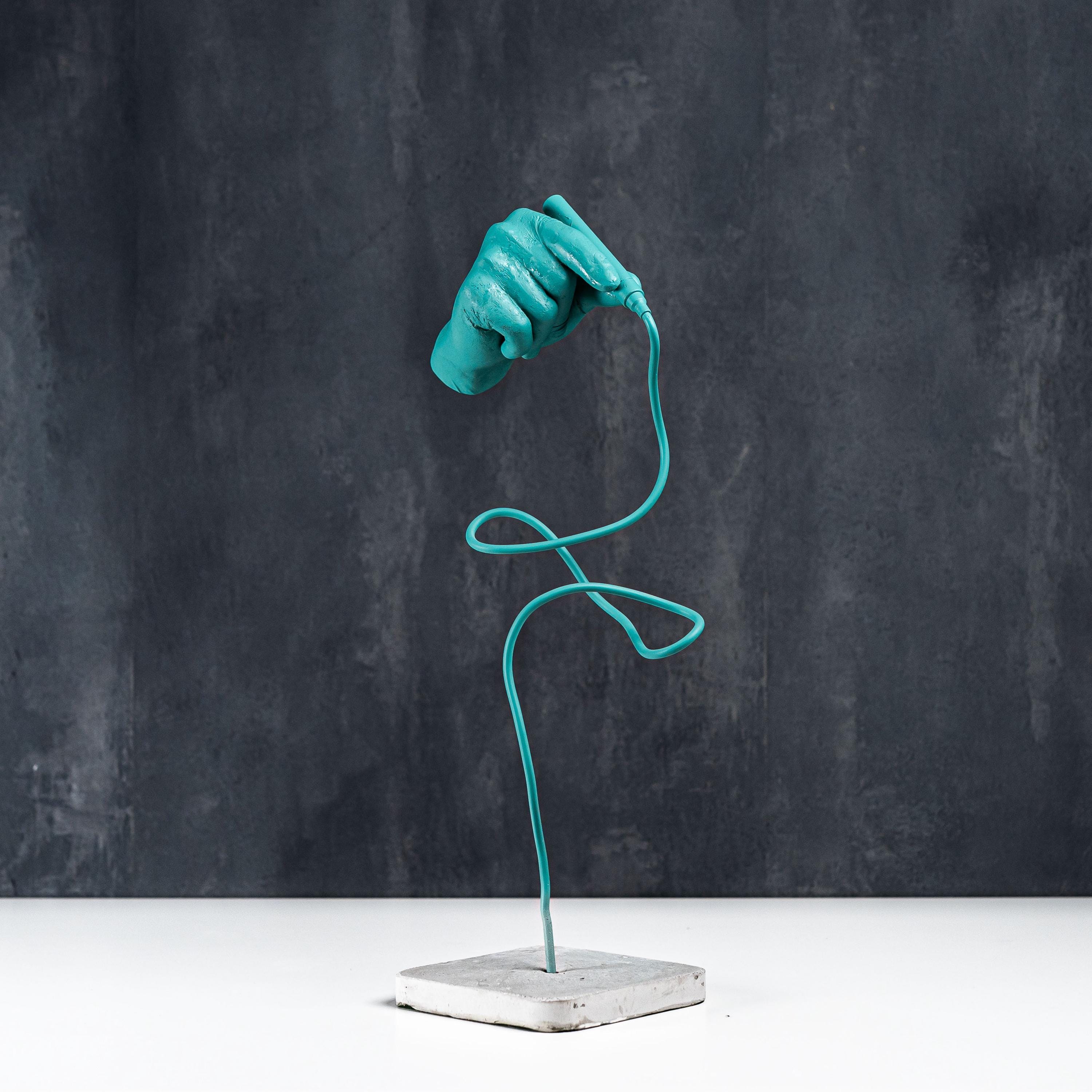 Turquoise Hand Sculpture: 3D Printed Art, Concrete Base