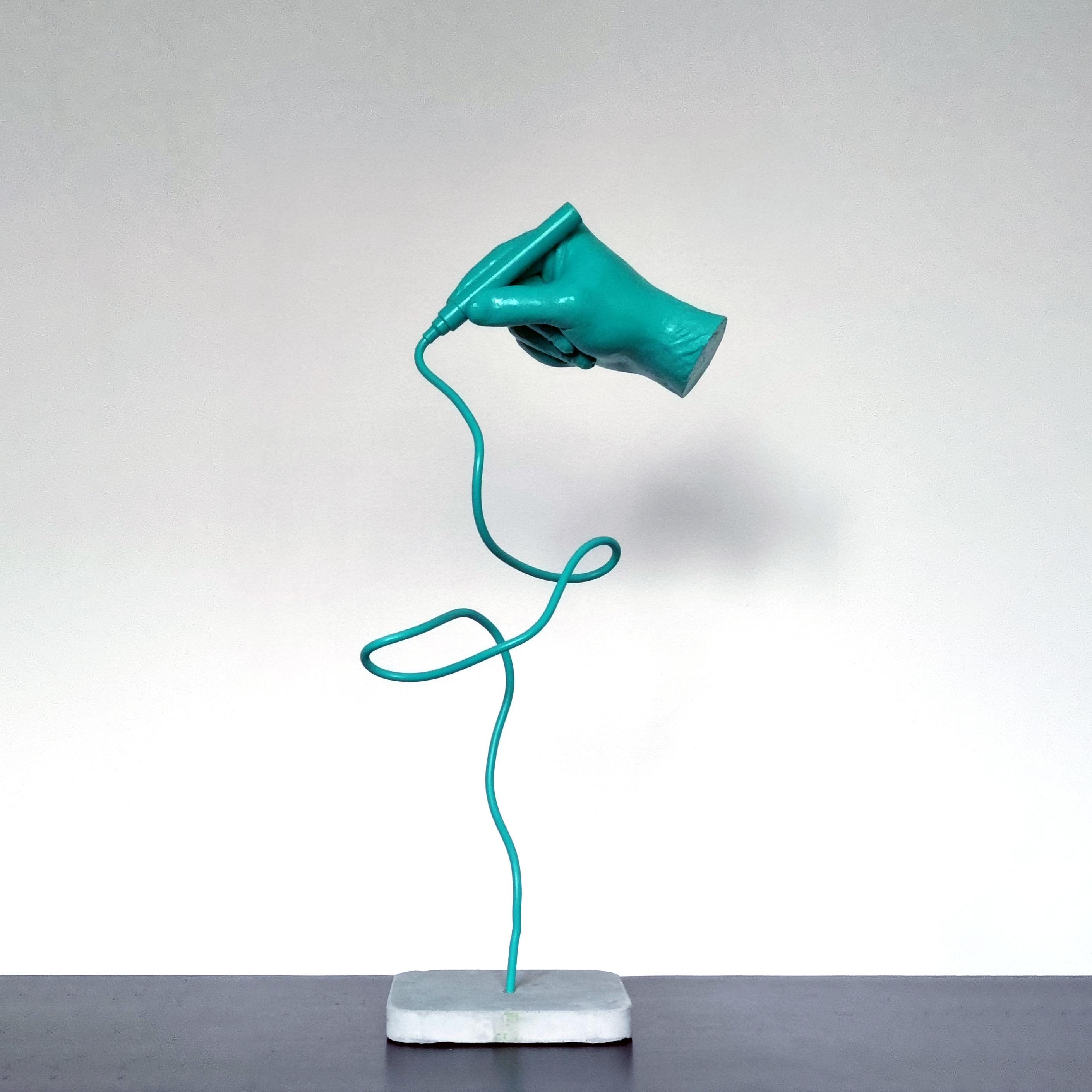 Turquoise Hand Sculpture: 3D Printed Art, Concrete Base